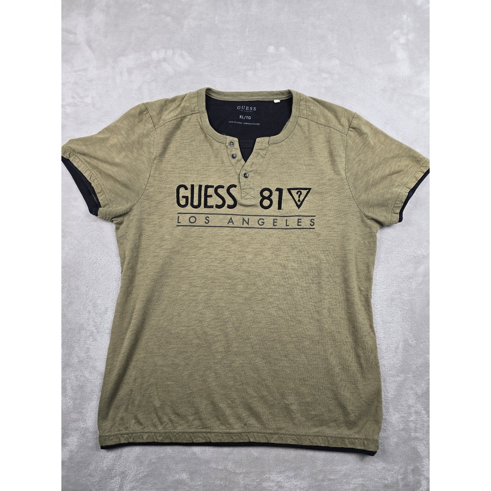 Guess Henley Shirt Mens XL Fit L Green Los Angeles Graphic Short Sleeve